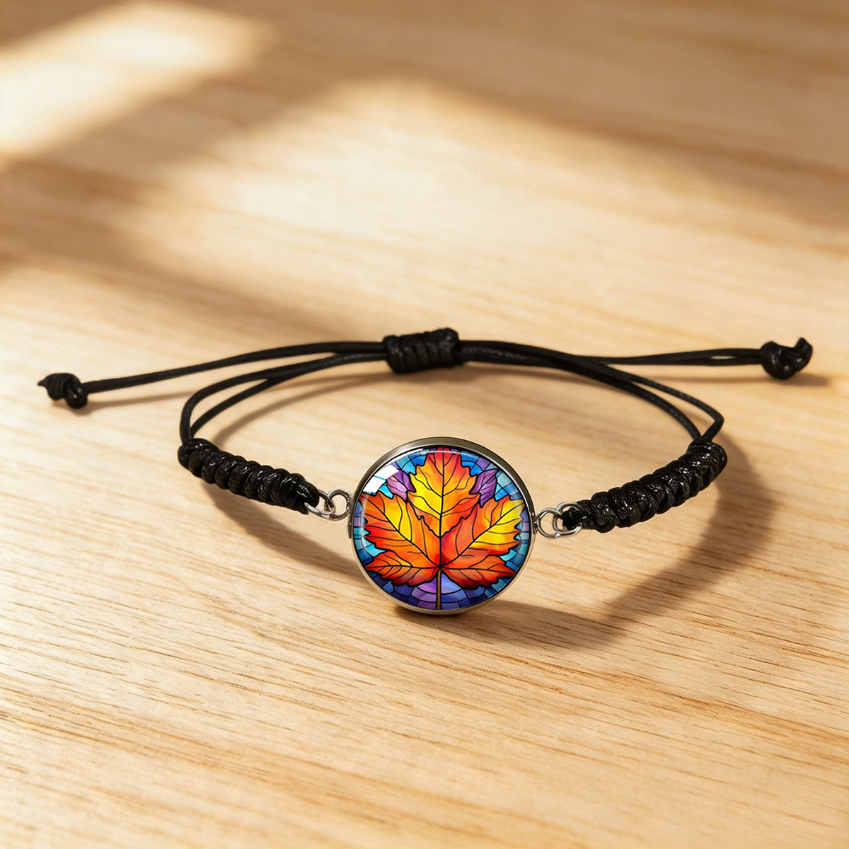 3pcs Artistic Woven Bracelet Set with Maple Leaf Art Print
